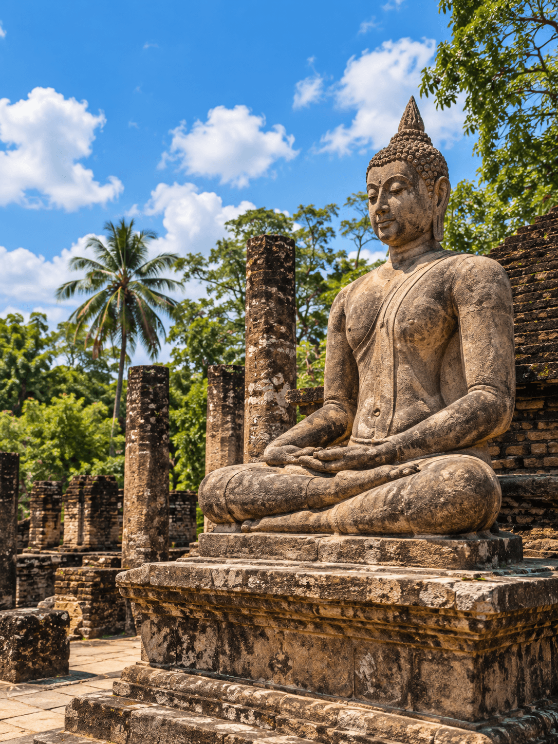 A seated stone Buddha among ancient temple ruins