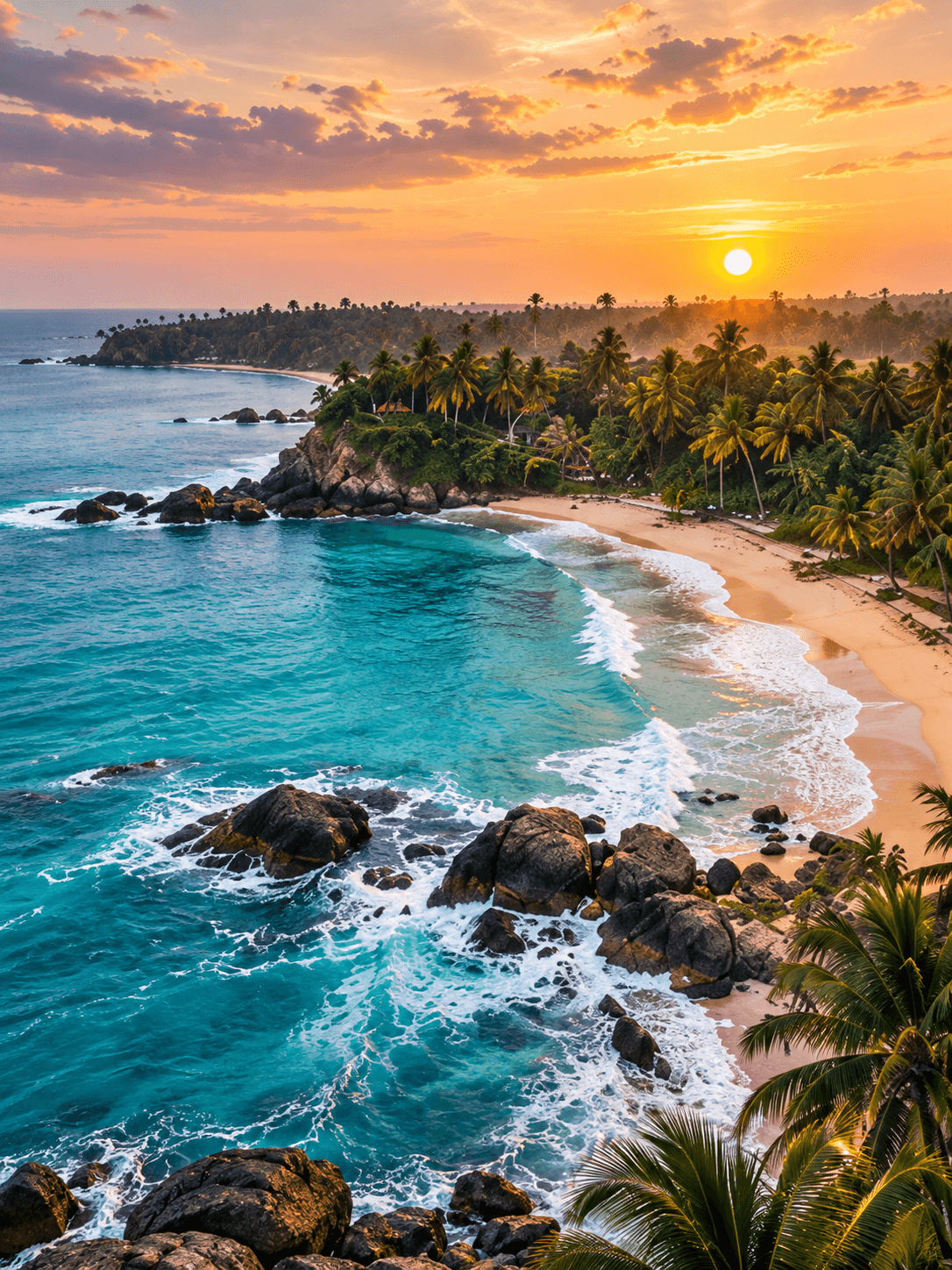 Turquoise bays and palm-lined beaches at sunset