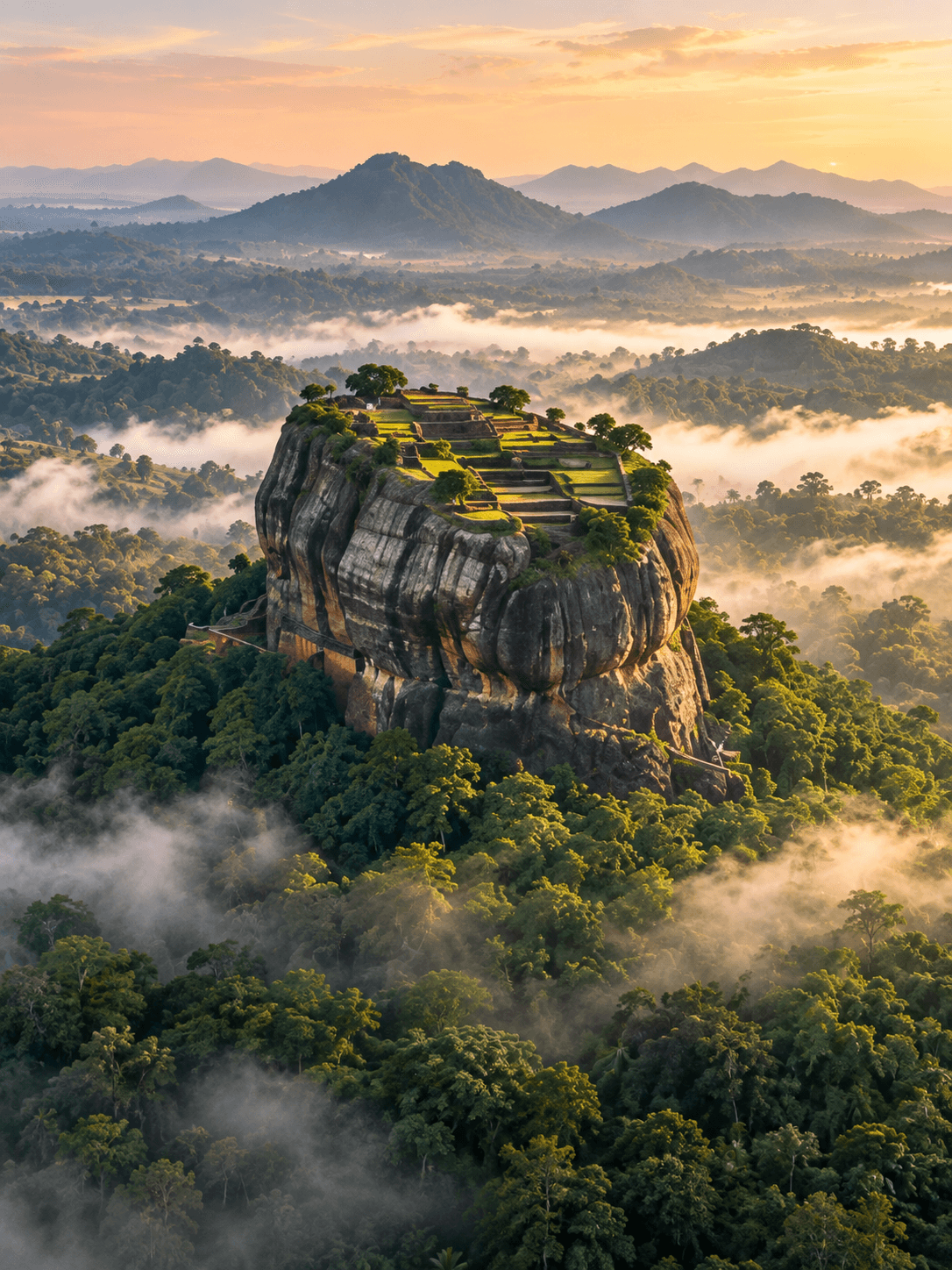 Sigiriya rock fortress above a mist-filled forest at sunrise